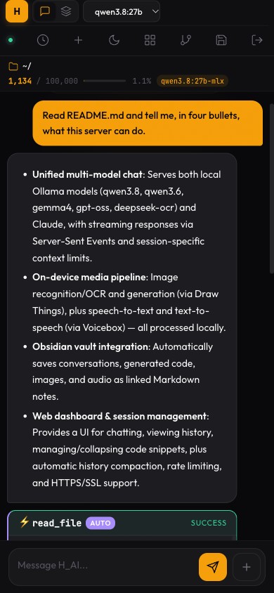 H_AI on a phone: a grounded answer about the project README, with the compact composer