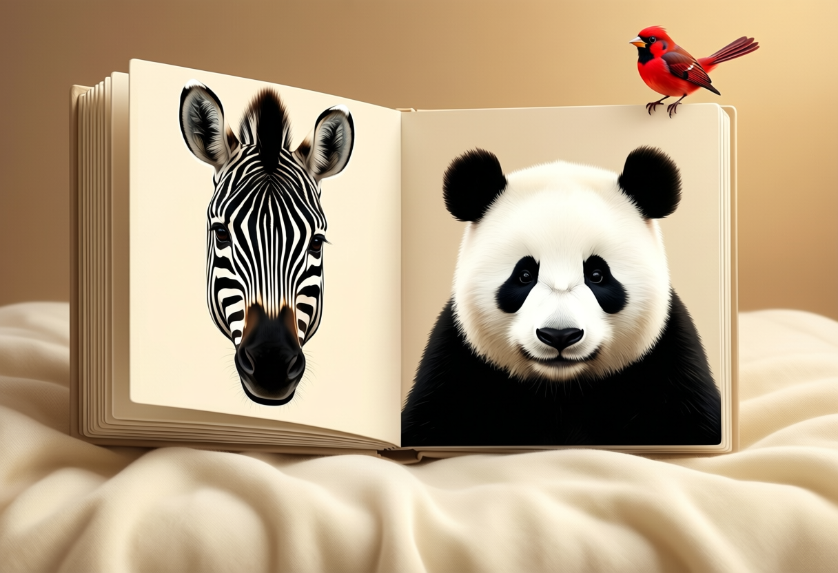 An open board book showing a zebra on one page and a panda on the other, with a small red bird perched on the corner