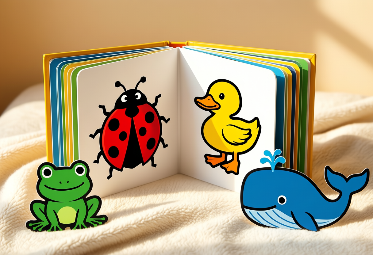 An open board book showing a red ladybug and a yellow duckling, with a green frog and a blue whale beside it